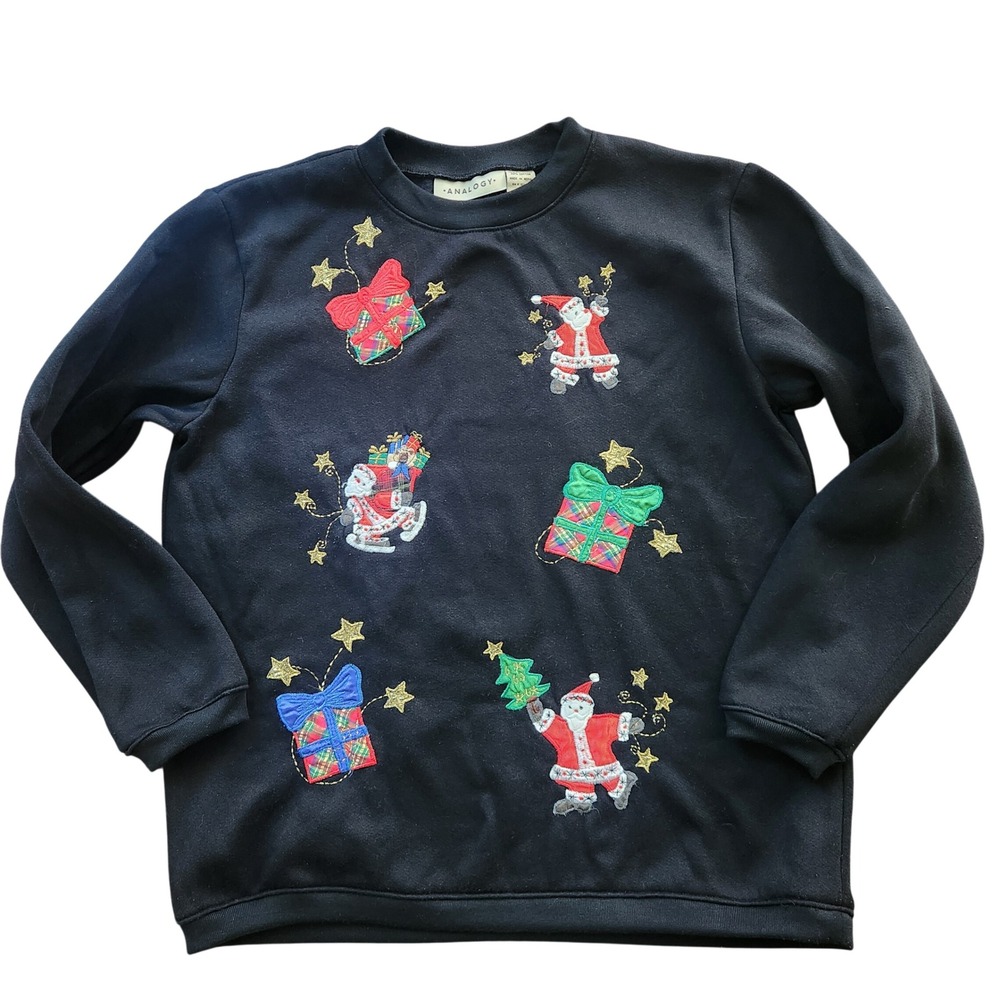 Analogy Christmas Sweatshirt Womens M Black Santa Gift Applique Vintage Kitsch